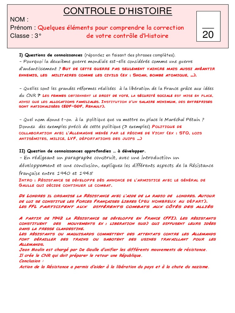 Sujet Brevet Seconde Guerre Mondiale Pdf Corrigé H3 2 GM France 40 À 46 Interro 1 Corrigé | PDF | Résistance française |  France de Vichy