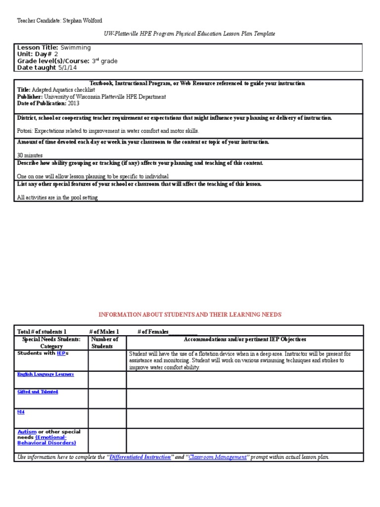 Stage 2 Swimming Lesson Plan | PDF | Human Swimming | Lesson Plan