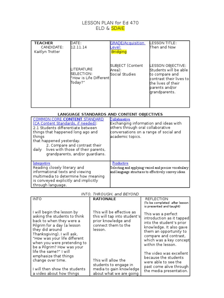 Lesson Plan For Ed 470 Eld & Sdaie: GRADE/Acquisition Level | PDF ...