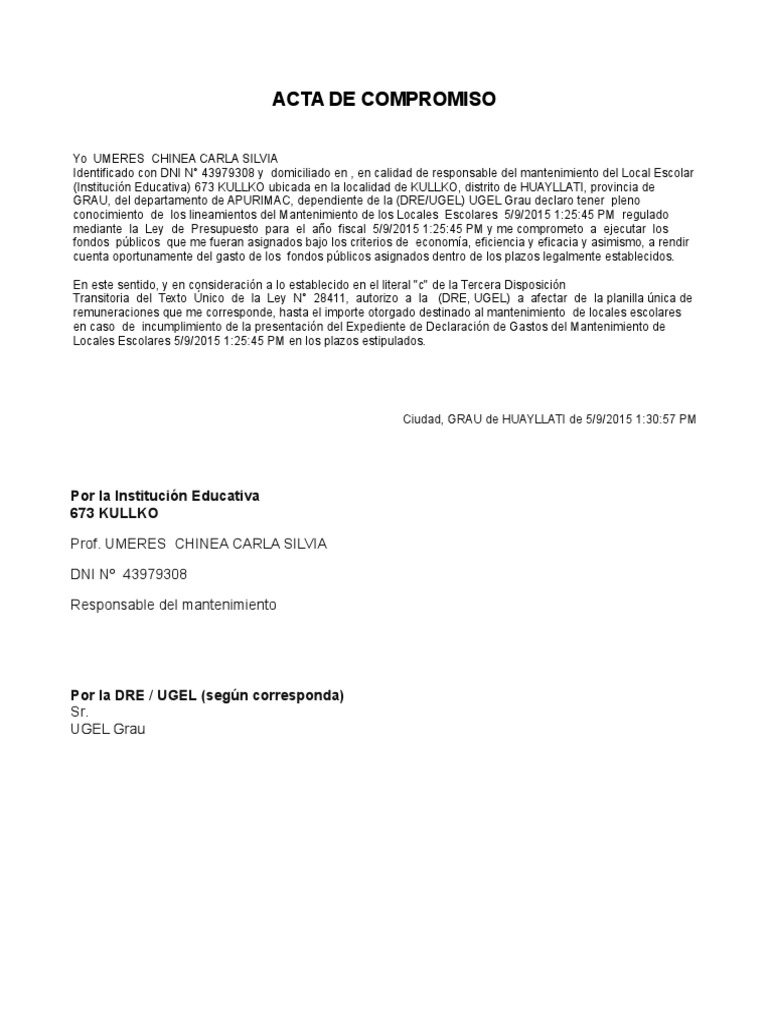 Modelo de Acta de Compromiso Escolar | PDF | Finanzas y dinero