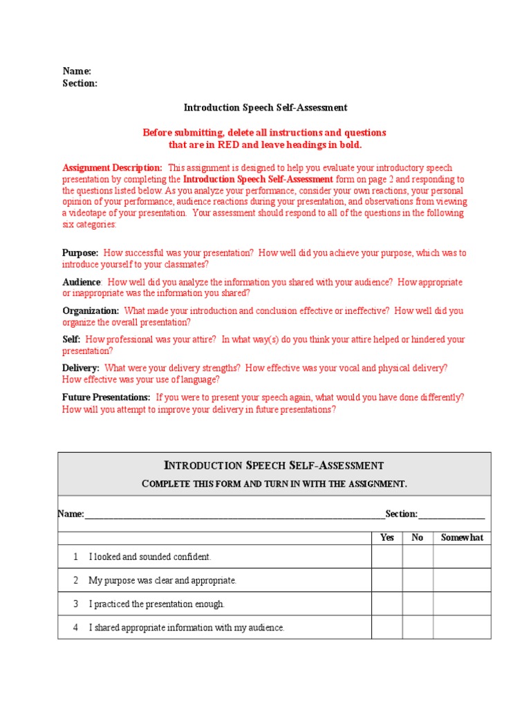 Introductory Speech Self-Assessment Guide | PDF | Career & Growth ...