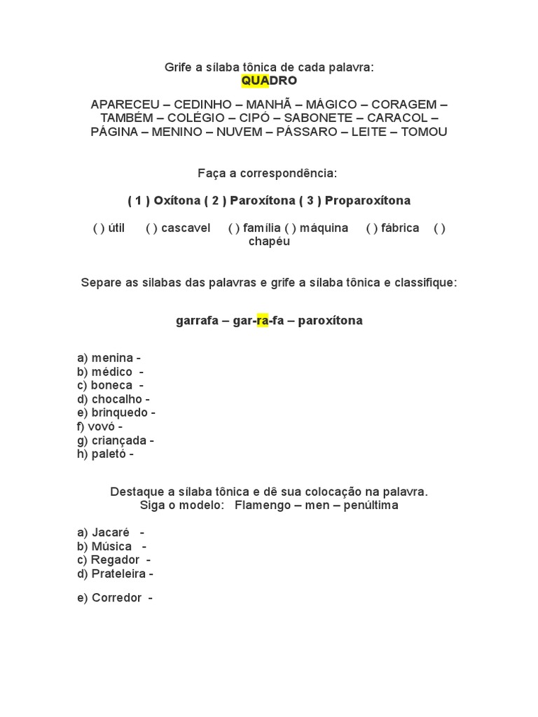 Exemplo De Oxitona Paroxitona E Proparoxitona - Vários Exemplos
