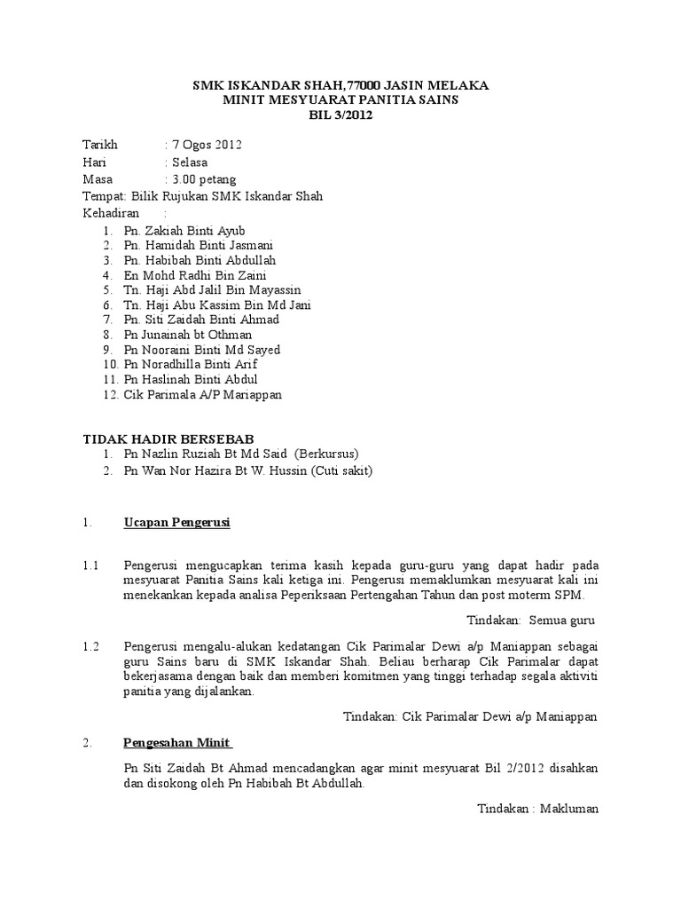 Minit Mesyuarat Panitia Sains Kali Ke 3