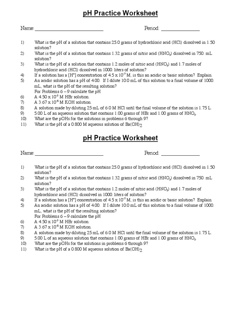 pH Practice Problems Worksheet | PDF | Teaching Methods & Materials ...