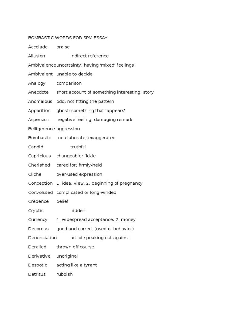 Bombastic words for spm essay