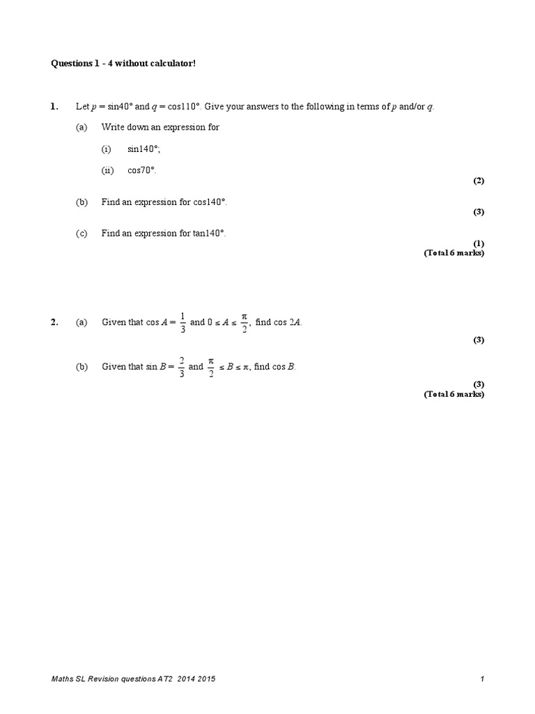 Questions On Trigonometry and Calculus (IB Maths SL) | PDF ...