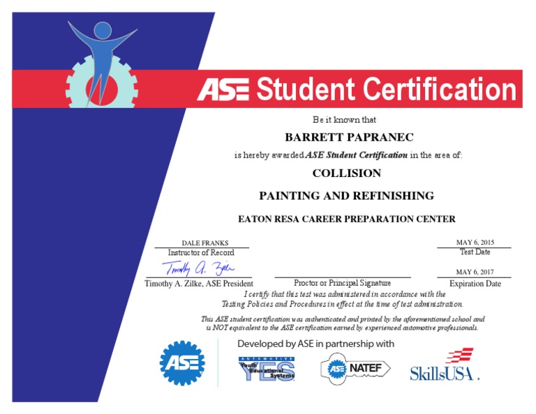 ASE Student Certification Notice | PDF