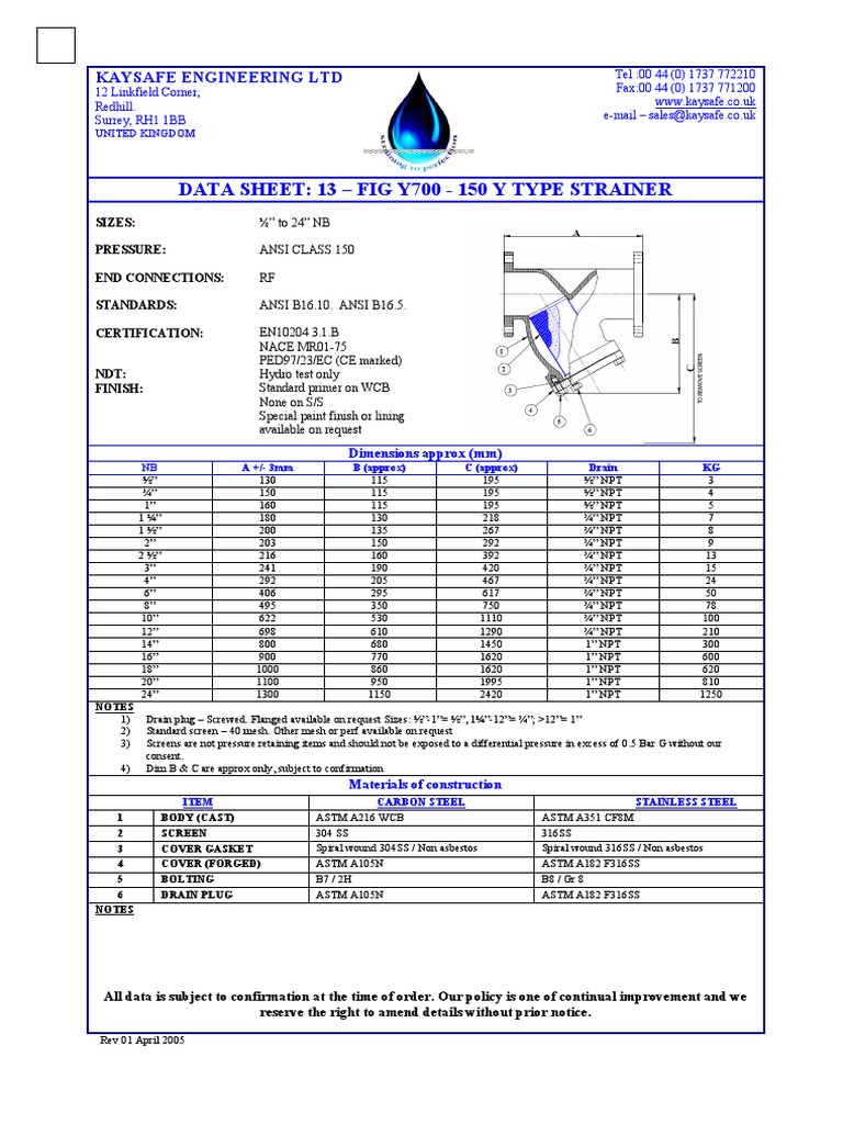 Y-Type Strainer Data Sheet | PDF | Technology & Engineering