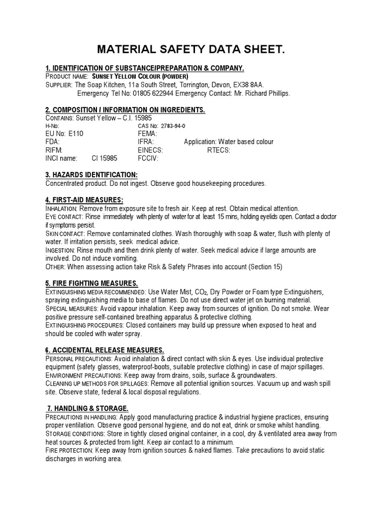 MSDS Colour Sunset Yellow Kris PDF Hygiene Water