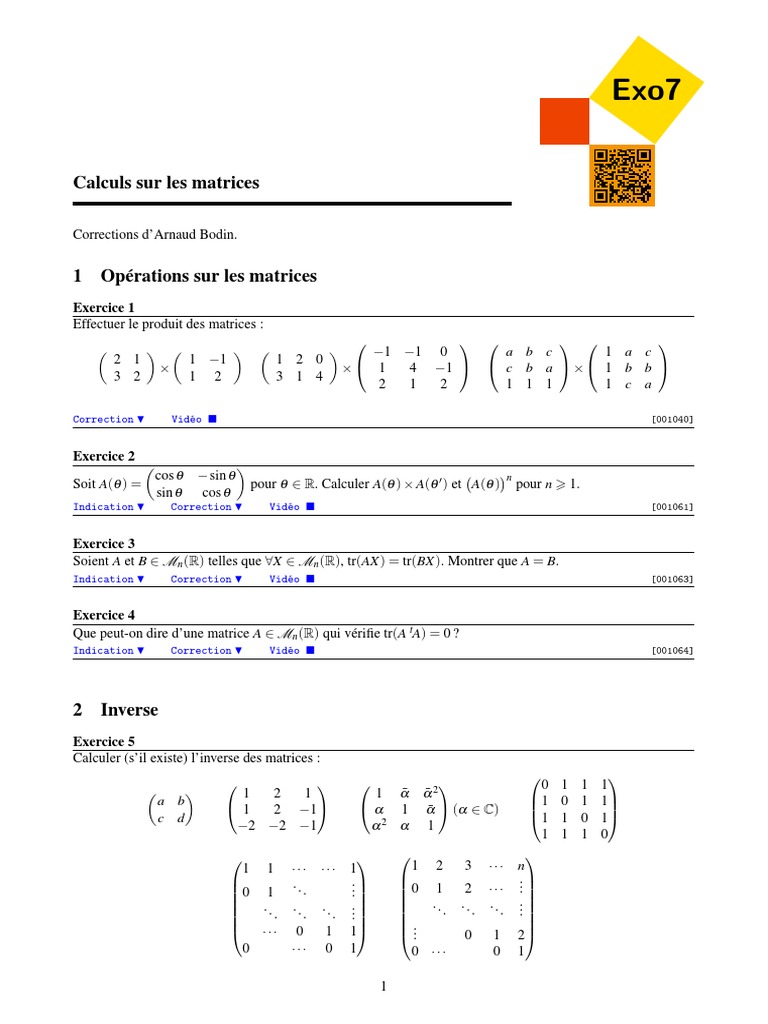 Exercices Corriges Des Matrices | PDF | Matrice (Mathématiques ...