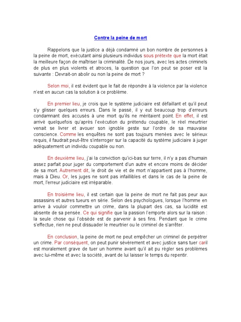 Texte Argumentatif Contre La Peine De Mort