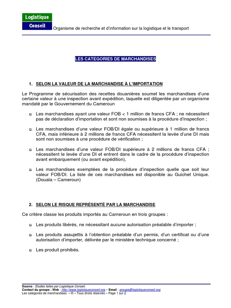 Categories De Marchandises Tarif Economie