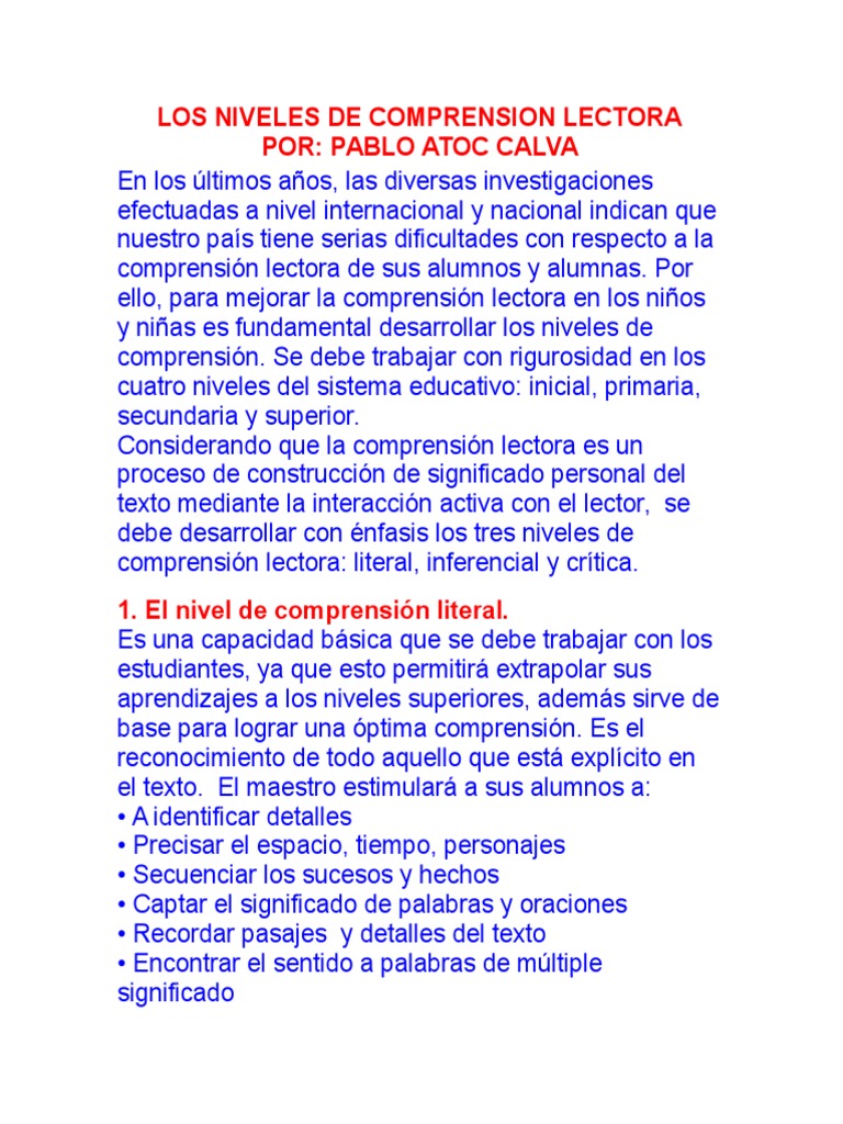 Los Niveles de Comprension Lectora | PDF | Comprensión lectora ...