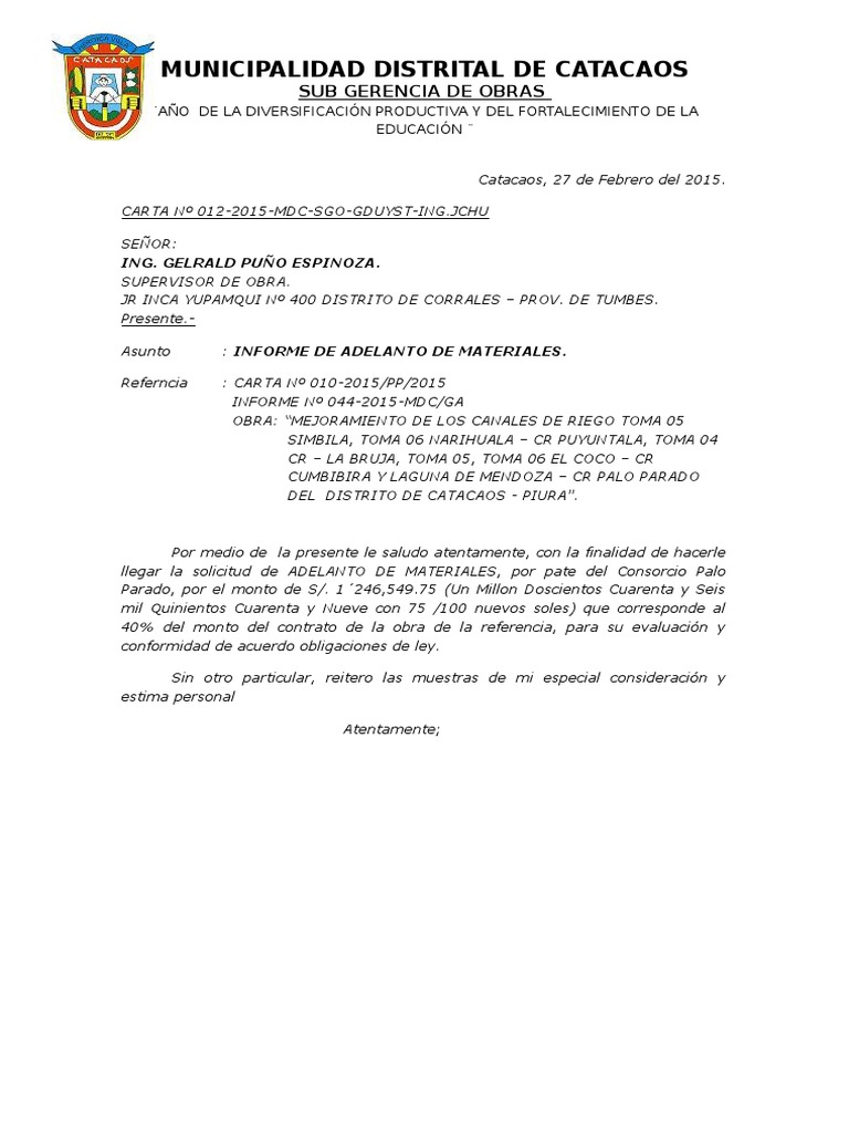 Carta Nro 012- 2015 - Adelanto de Materiales Supervisor