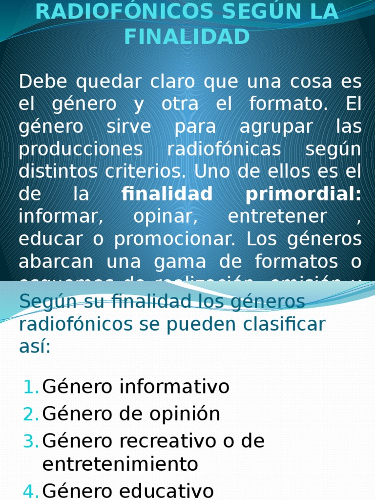 Géneros y Formatos Radiofónicos Según La Finalidad