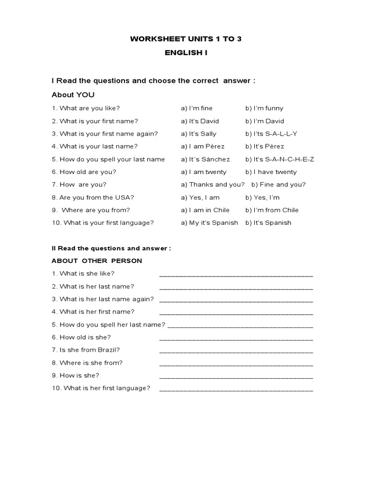 QUESTIONS English I Units 1 To 3 | PDF