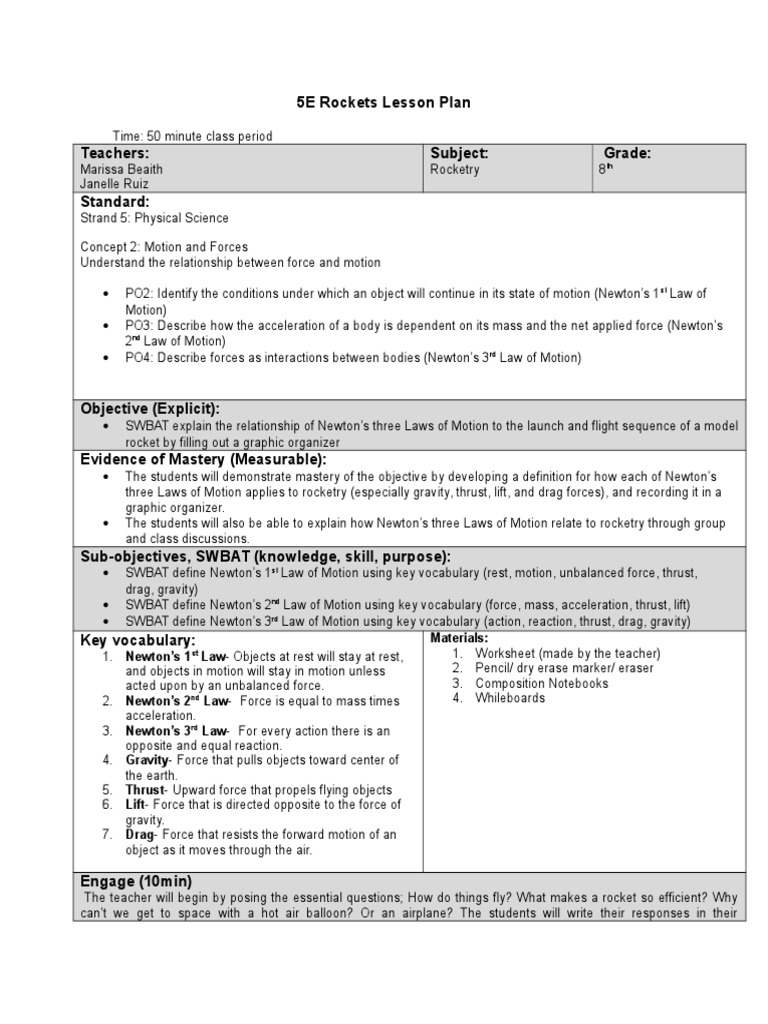 5e Lesson Plan Rockets | PDF | Newton's Laws Of Motion | Rocket