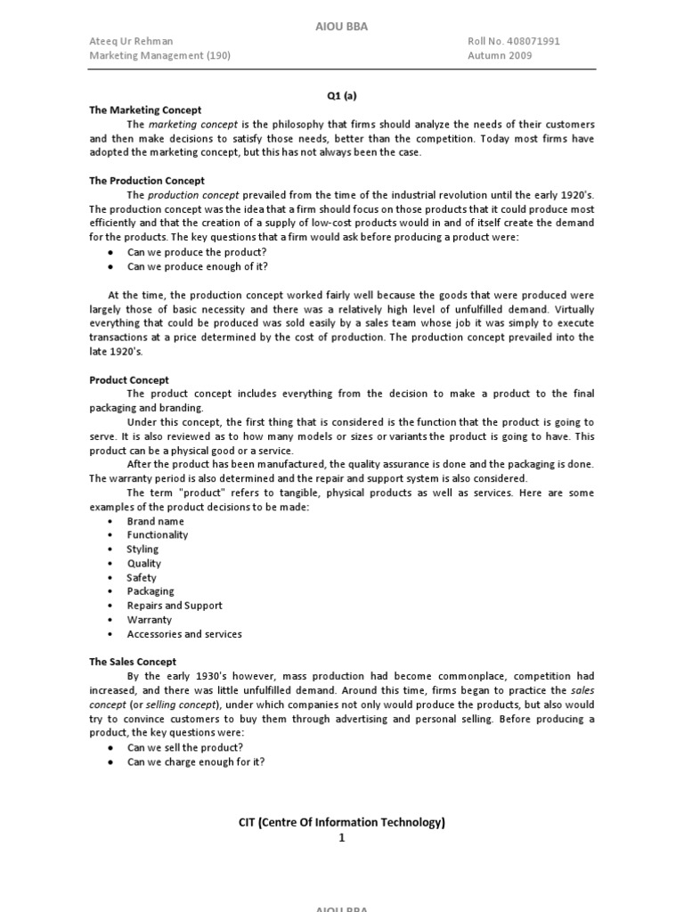 Marketing Management Concepts Overview | PDF | Marketing | Sales