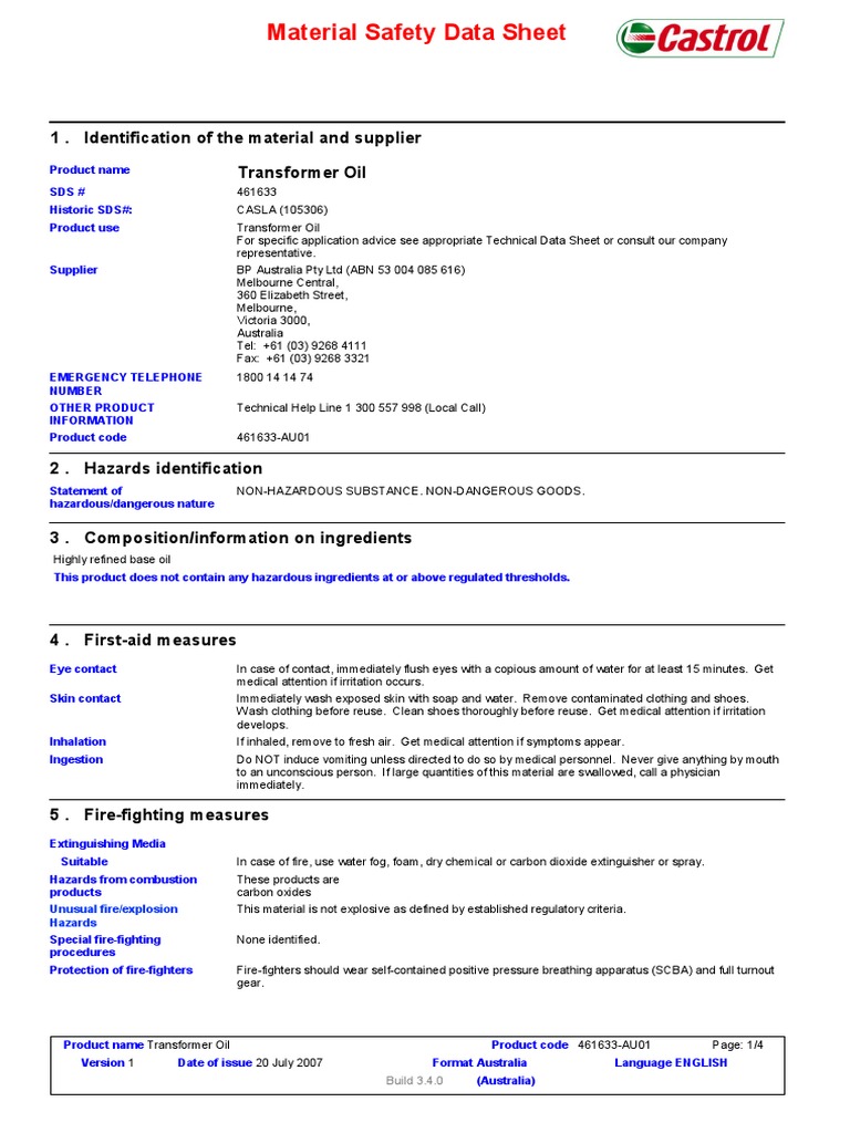 Ergon MSDS Transformer Oil PDF Dangerous Goods Personal