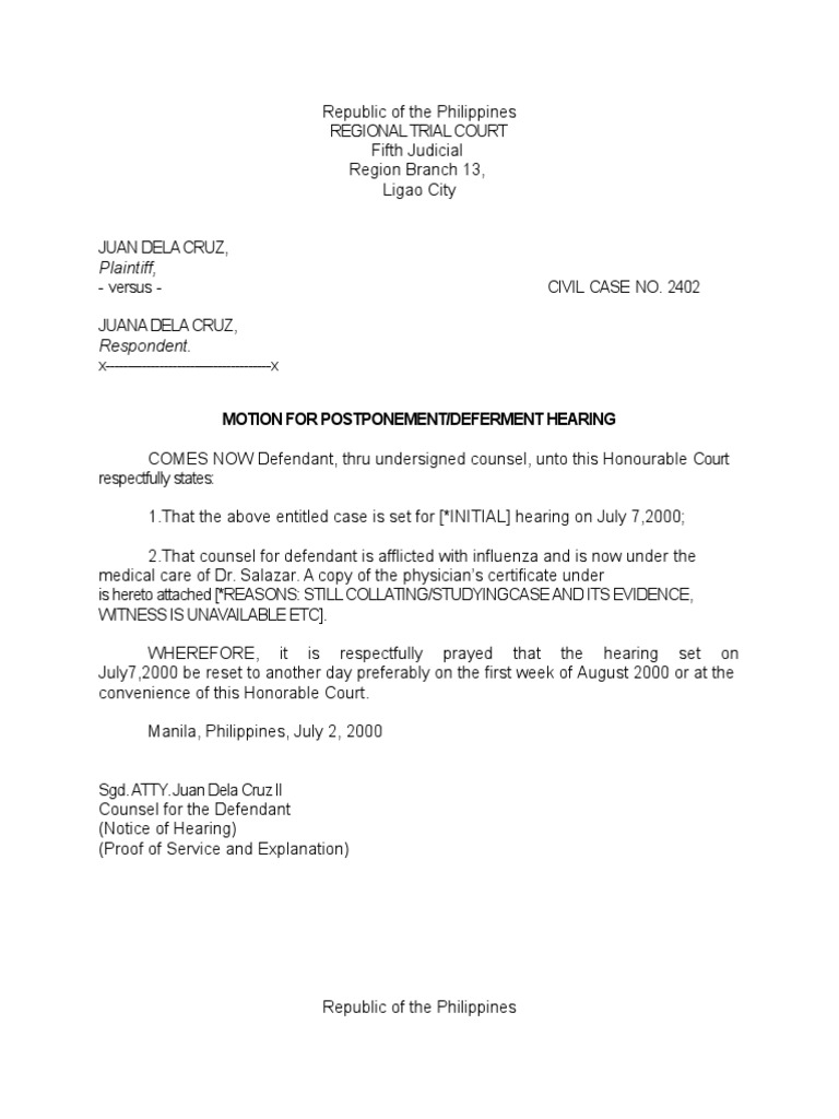 Sample Motion for Postponement