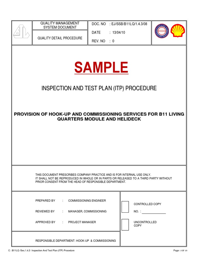 Inspection and Test Plan (ITP) Procedure | PDF | Quality Assurance ...
