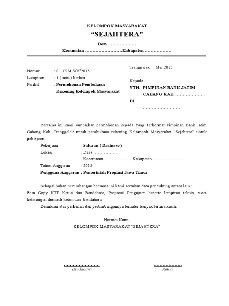 Format Permohonan Pembukaan Rekening Bank Jatim Untuk Kelompok Masyarakat Pdf
