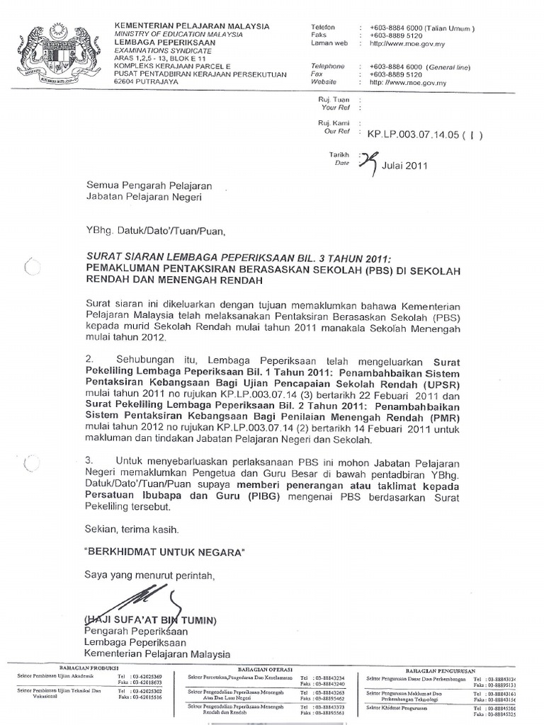 Surat Siaran Lembaga Peperiksaan Bil 3 2011 Pemakluman Pbs Pdf