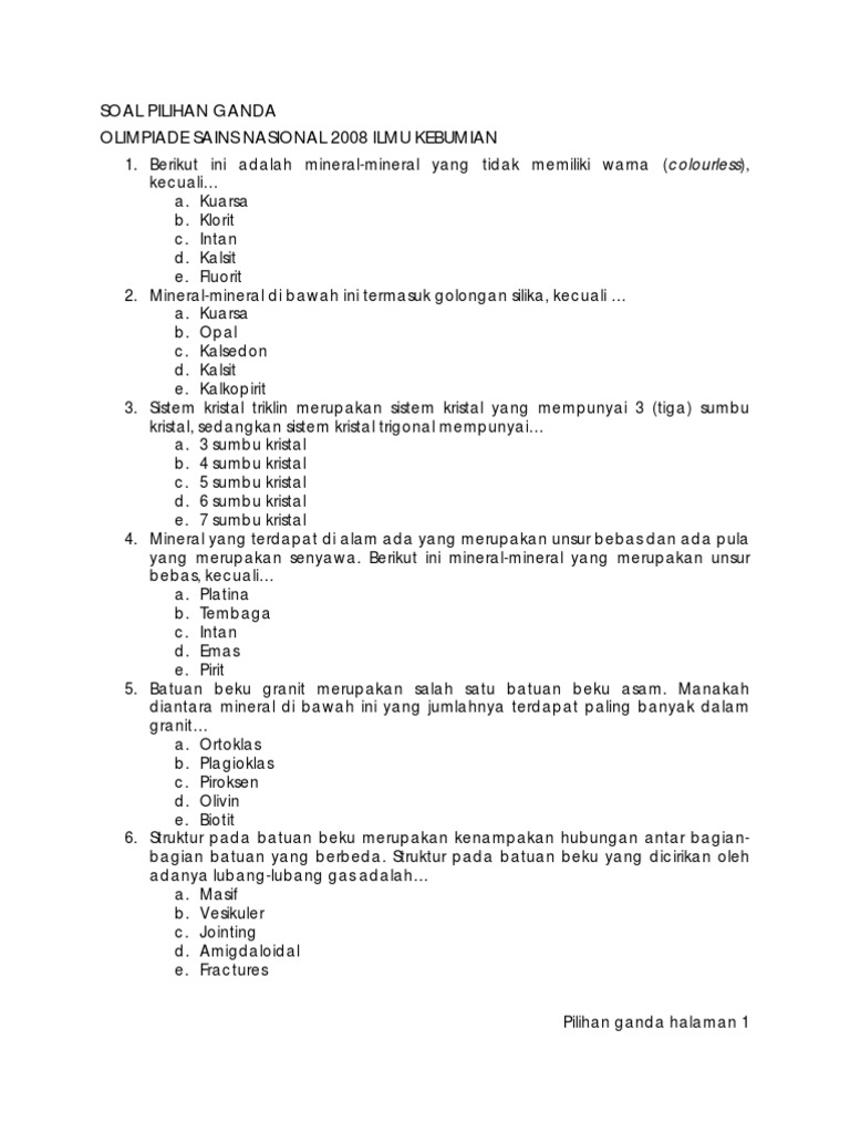 Soal Pilihan Ganda Olimpiade Sains Nasional 2008