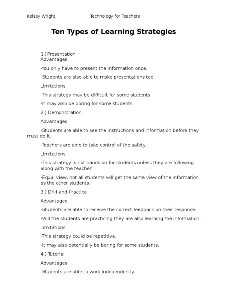 Ten Types of Learning Strategies | PDF | Classroom | Learning