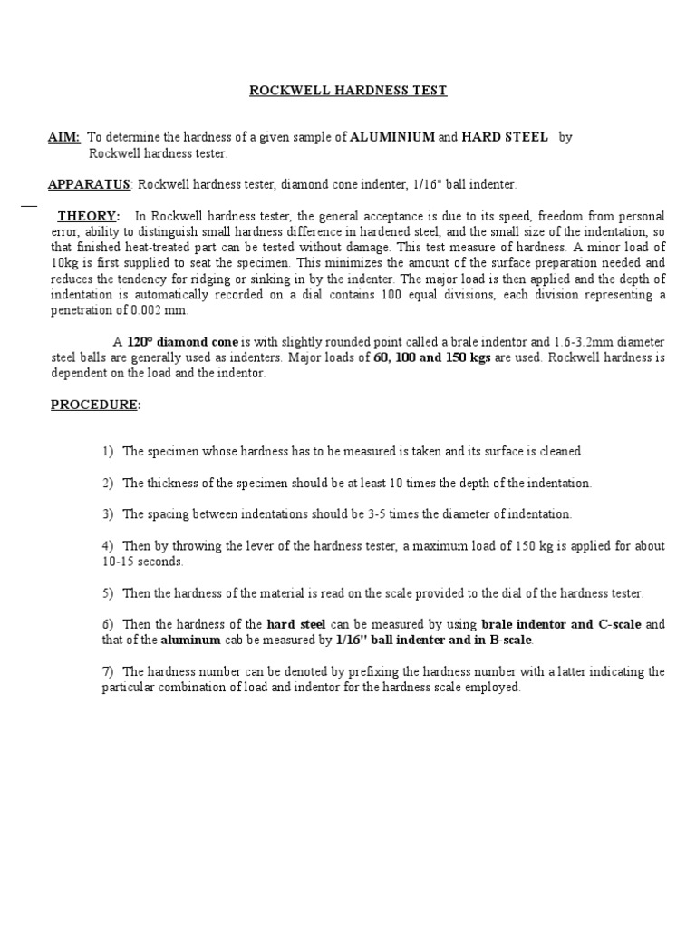 Rockwell Hardness Test PDF Hardness Tests