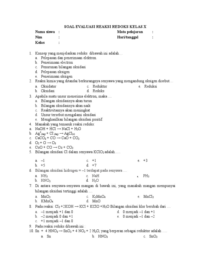Soal Redoks Dan Jawaban Kls 10