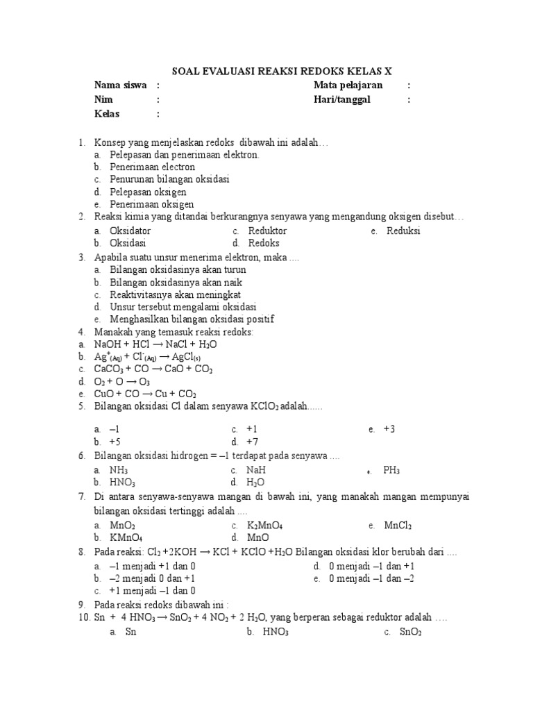 Soal Evaluasi Redoks Kelas X