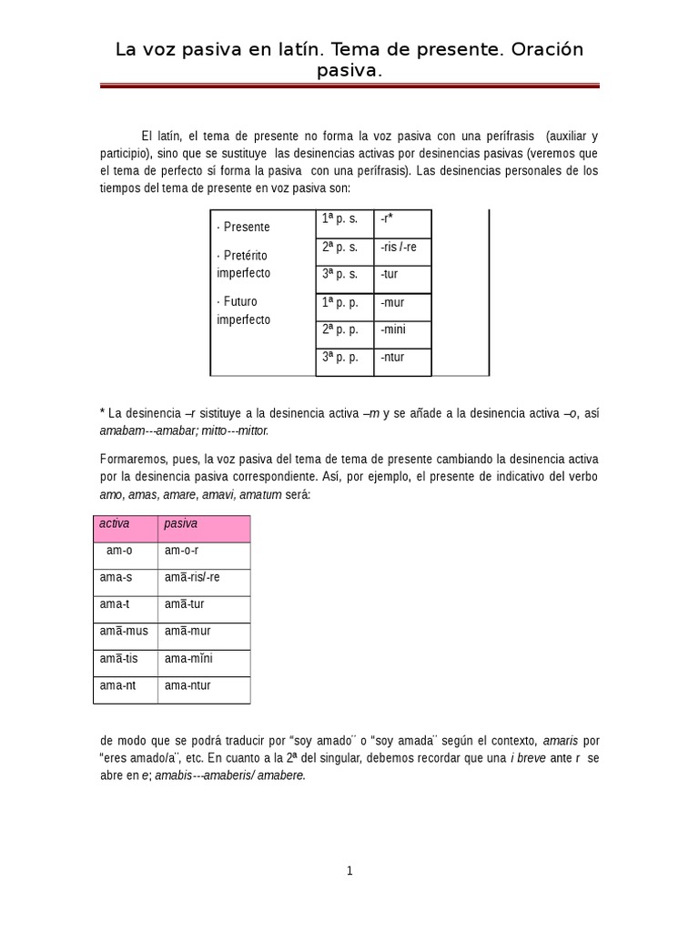 Voz Pasiva Tema Presente PDF latín Verbo