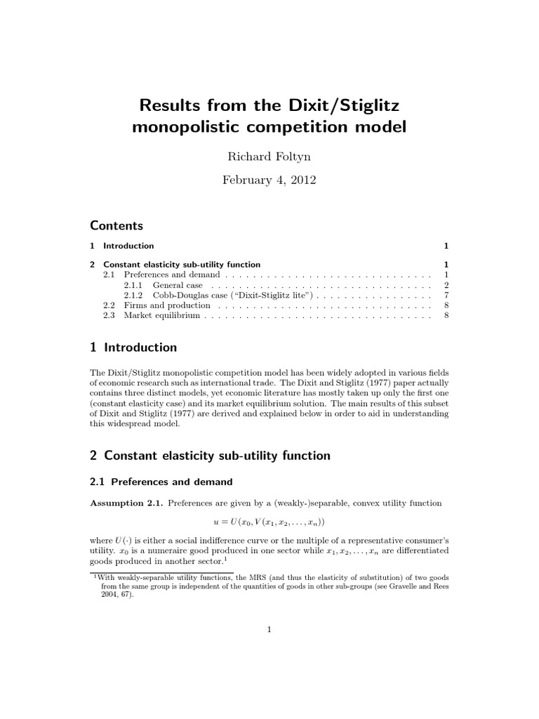 Detailed Explanation of DixitStiglitz Model PDF Economic