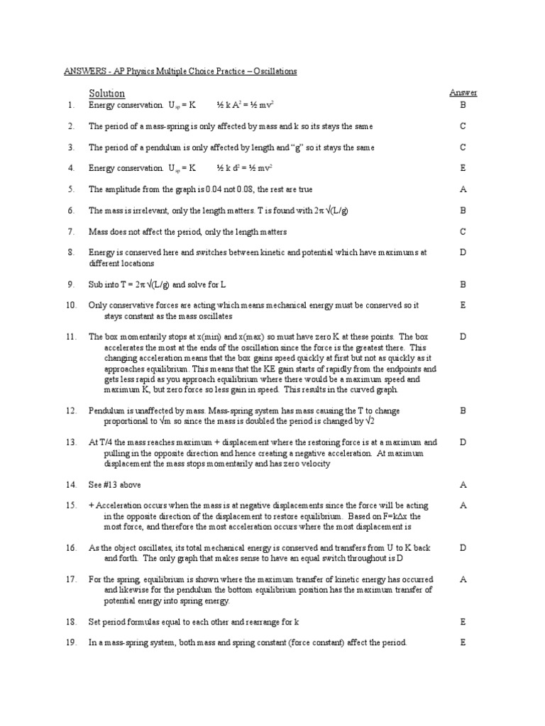 7cOscillations MC Practice ProblemsAnswers PDF Mass Potential Energy