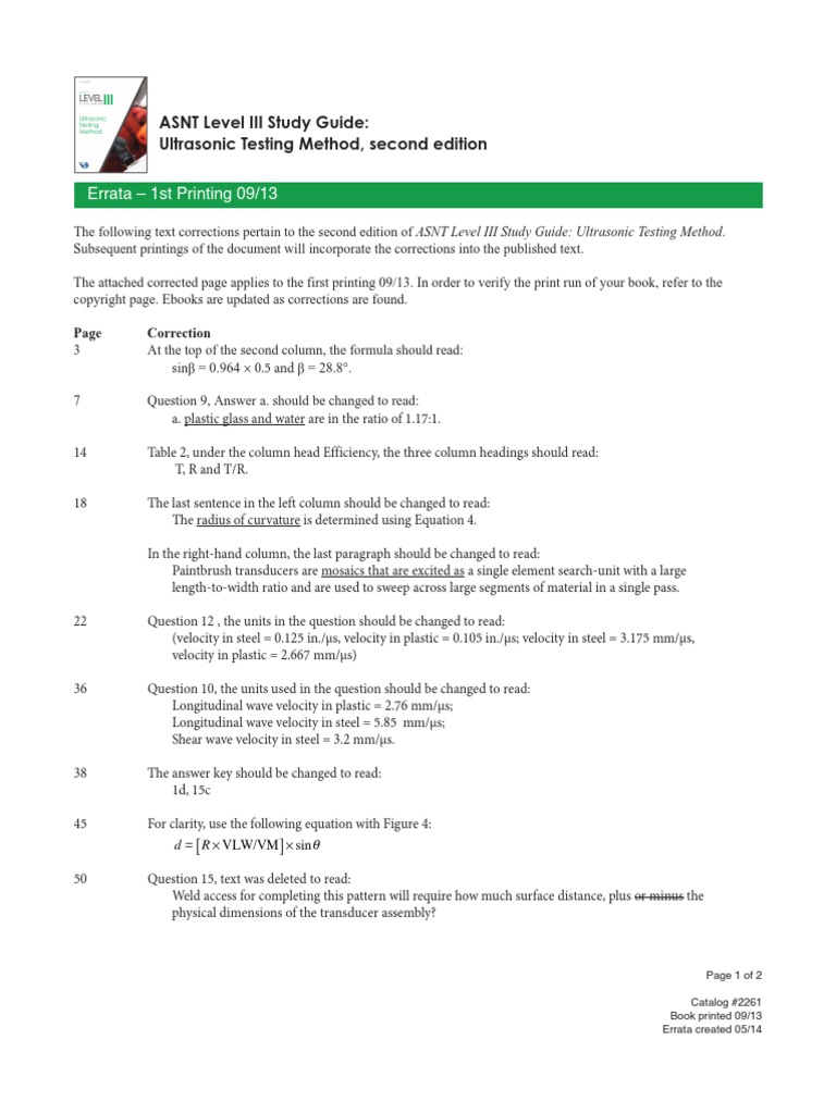Errata ASNT UT Study Guide LIII | PDF | Nondestructive Testing | Lens ...