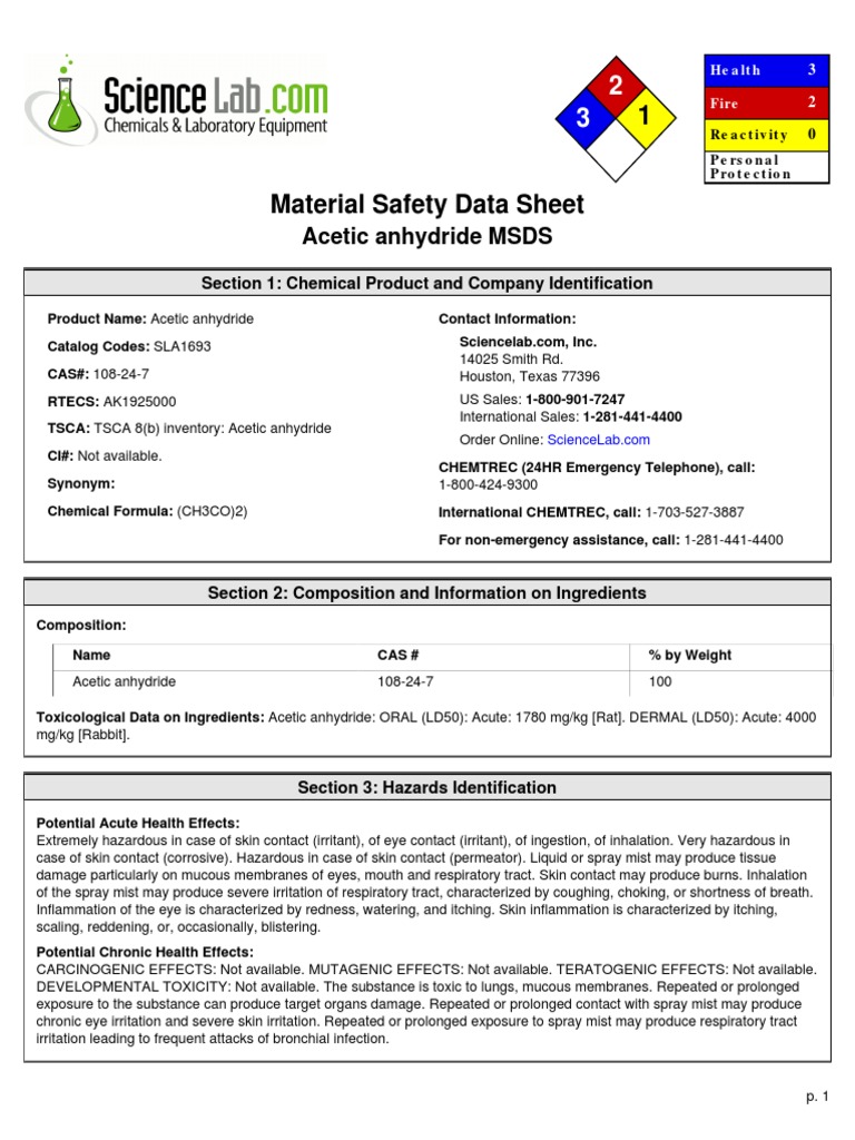 Acetic Anhydride Msds Science Lab