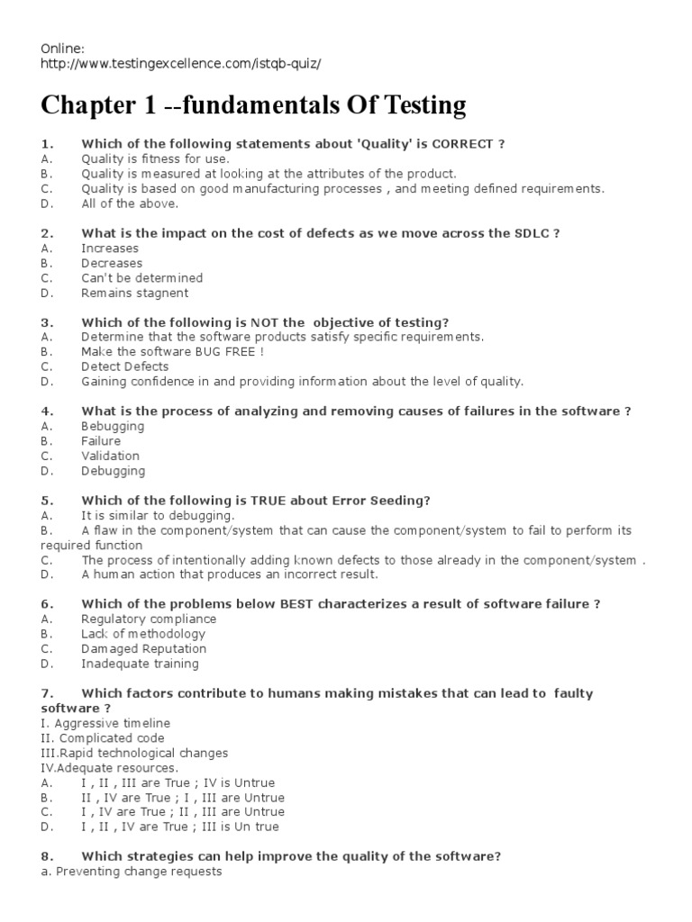 ISTQB Chapter 1 Questions PDF Software Testing Software Bug