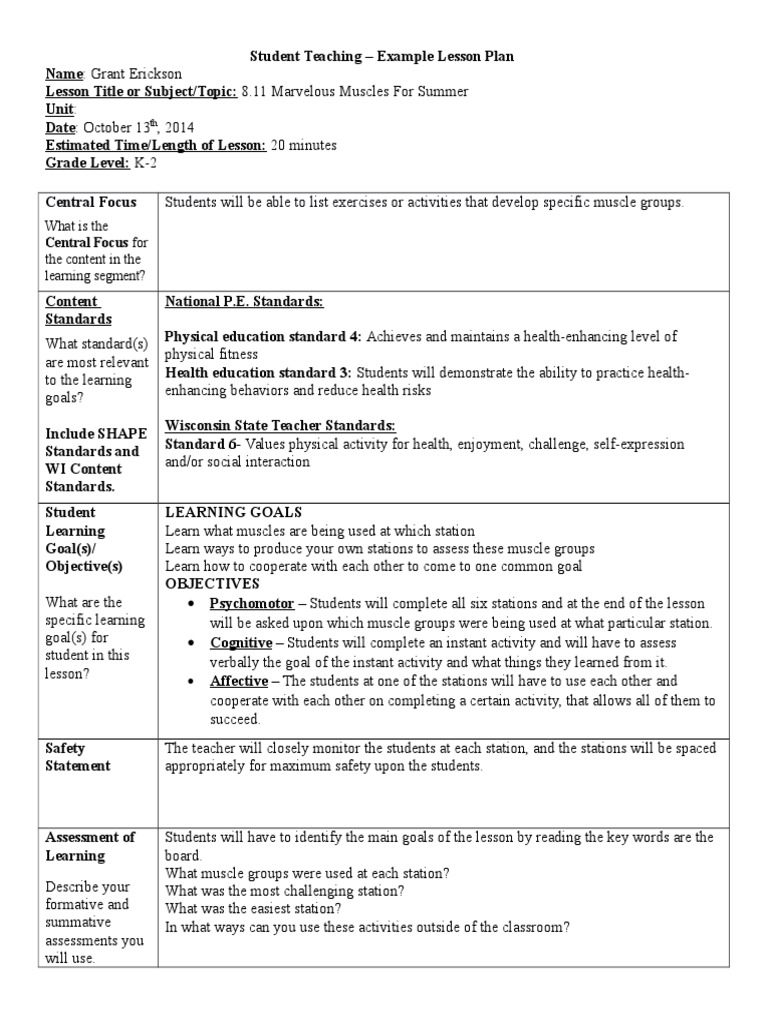 Lesson Plan 2 Ped 265 Physical Education Educational Assessment