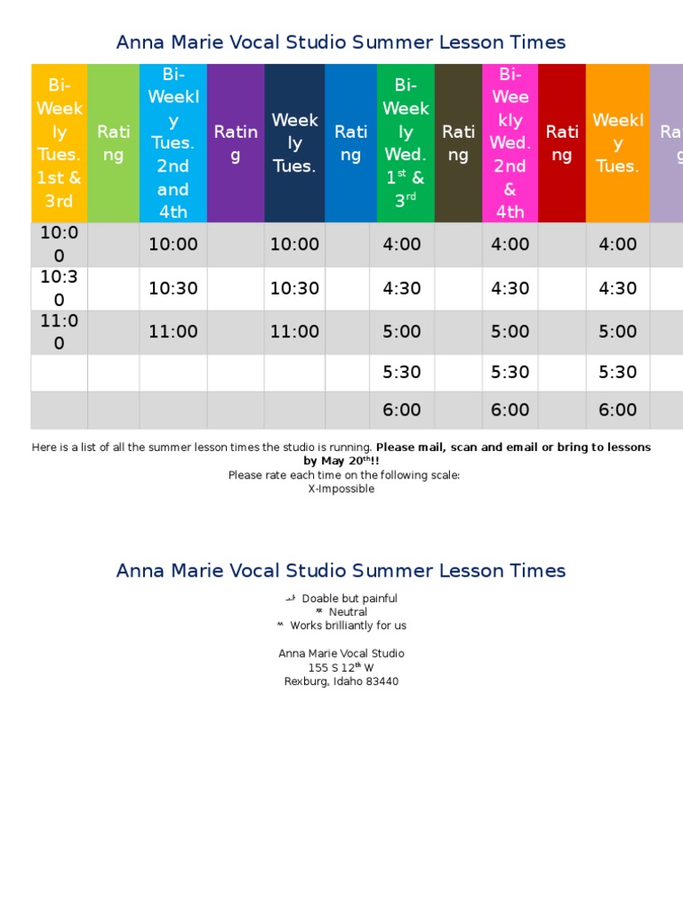 Summer Lesson Times | PDF