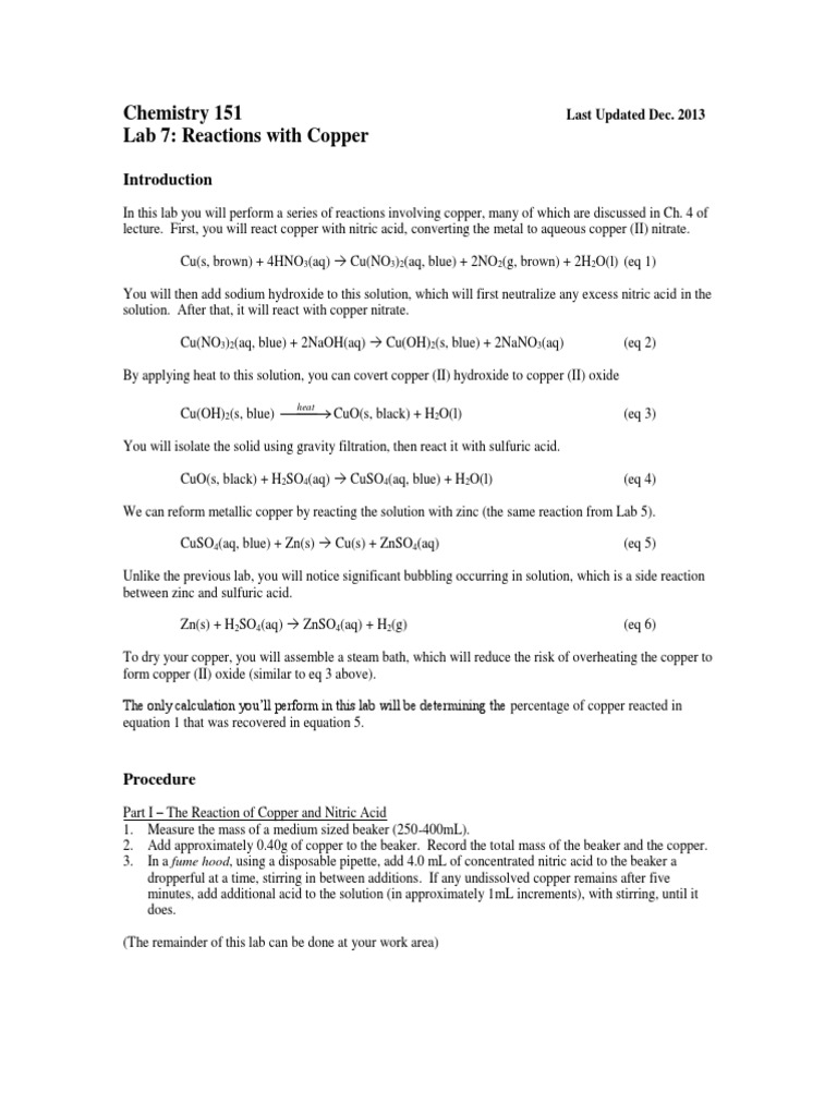 Copper Reactions in Chemistry Lab | PDF | Copper | Nitric Acid