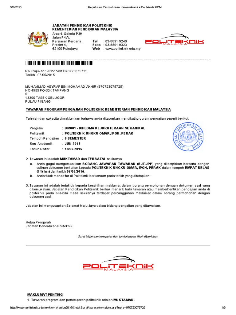 Keputusan Permohonan Kemasum Nmjkkan Ke Politeknik Kpm Pdf