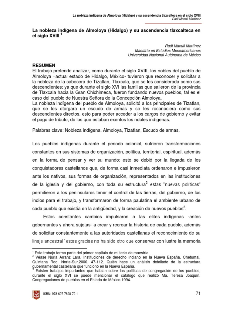 Nobleza Indigena de Almoloya Hidalgo y Su Ascendencia Tlaxcalteca en El ...