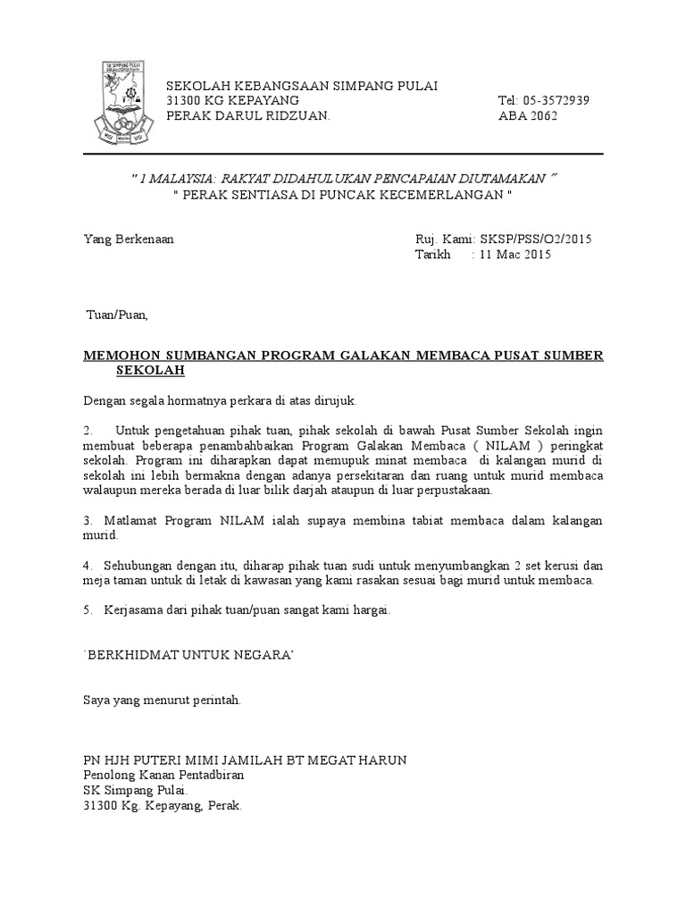 Contoh Surat Pibg Sumbang Penghawa Dingin.ke.sekolah