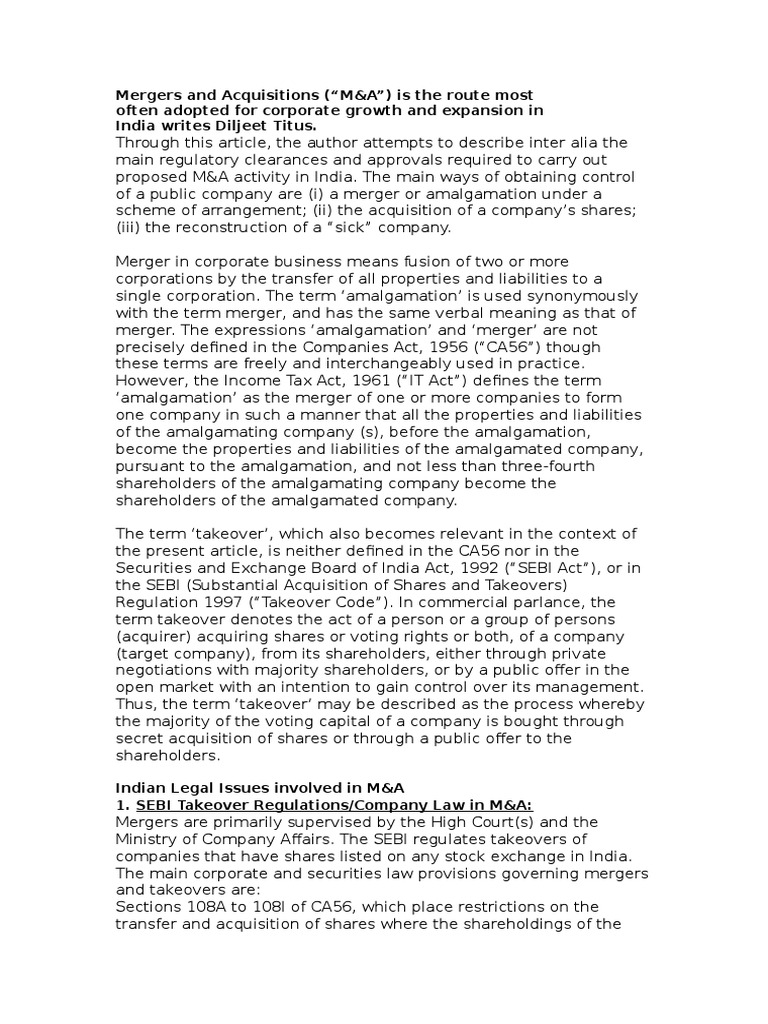 Mergers and Acquisitions | PDF | Takeover | Mergers And Acquisitions