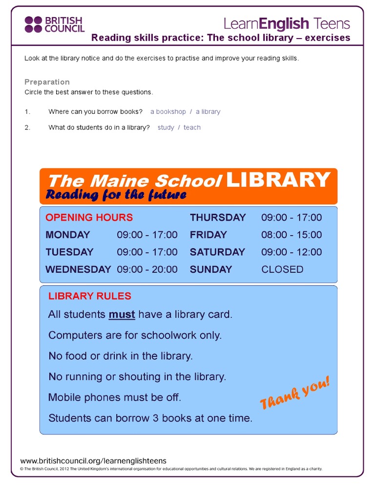 School Library Reading Exercises | PDF