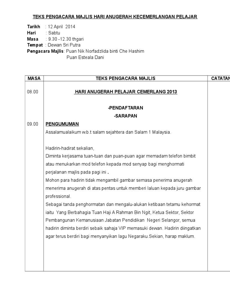 Teks Pengacara Majlis Hari Anugerah Kecemerlangan 2013 Pdf