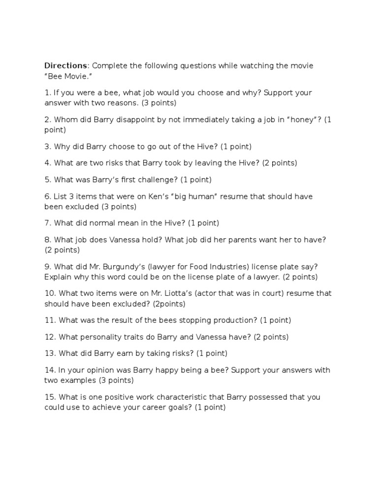 Bee Movie Questions | PDF | Beehive | Bees