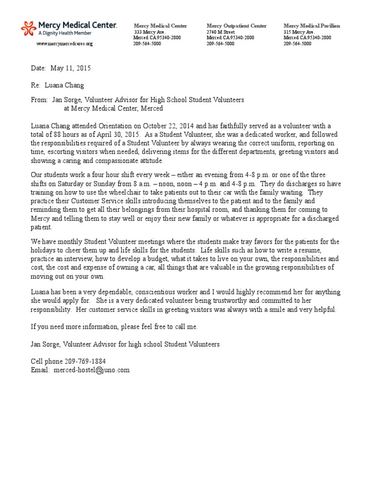 Luana Chang's Volunteer Experience at Mercy | PDF | Wellness | Lifestyle