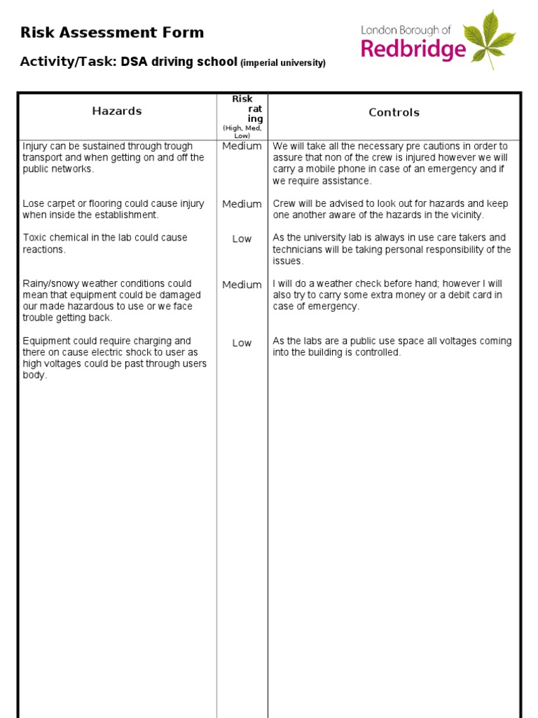 Risk Assessment for DSA Driving School | PDF